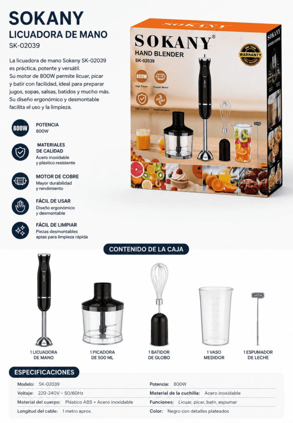Mixer de Mano Sokany 5 en 1 – 800 W